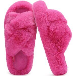Women's Pink Open Toe Slide Faux Fur Fuzzy Fluff Brown Slippers Shoes